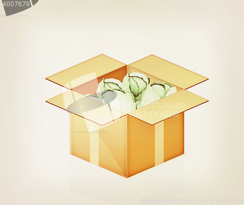 Image of Green cabbage in cardboard box. 3D illustration. Vintage style.
