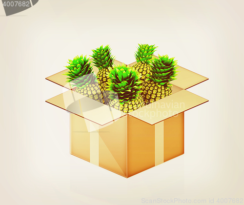 Image of pineapples in cardboard box. 3D illustration. Vintage style.