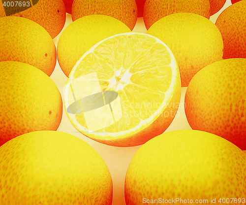 Image of oranges and half oranges . 3D illustration. Vintage style.