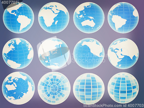 Image of Set of 3d globe icons showing earth with all continents. 3D illu