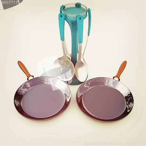 Image of pan and cutlery. 3D illustration. Vintage style.