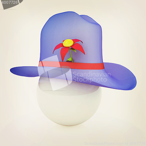 Image of Blue hat on a blue hat with fantastic flower on white background