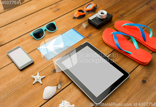 Image of close up of tablet pc and travel stuff