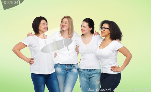 Image of group of happy different women in white t-shirts