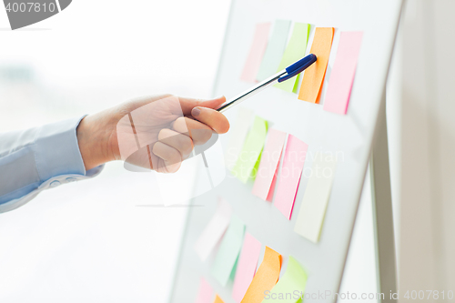 Image of close up of hand pointing to sticker on flip chart