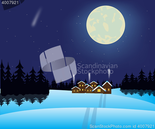 Image of Winter night and village in wood