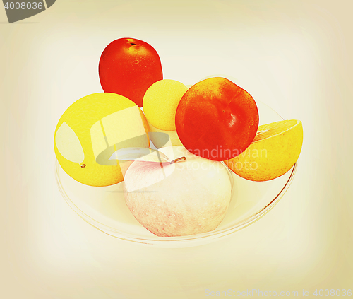 Image of Citrus and apples. 3D illustration. Vintage style.