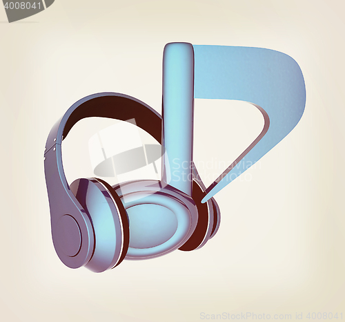Image of headphones and 3d note. 3D illustration. Vintage style.