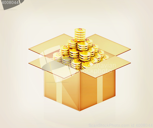 Image of Gold dollar coins in cardboard box. 3D illustration. Vintage sty