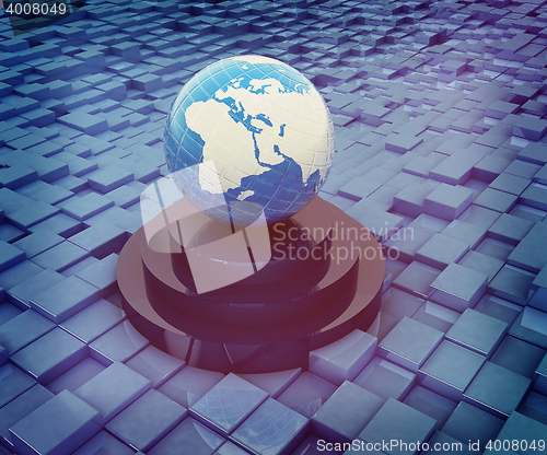 Image of earth on a podium against abstract urban background. 3D illustra