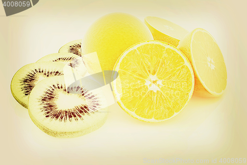 Image of slices of kiwi, orange and half orange. 3D illustration. Vintage