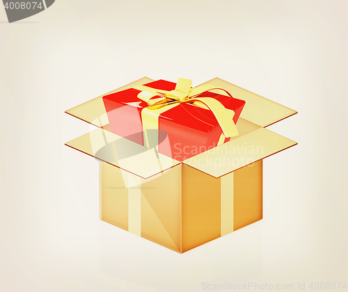 Image of Red gift with gold ribbon in cardboard box. 3D illustration. Vin