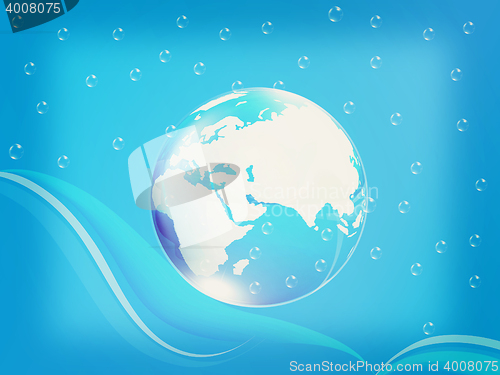 Image of Blue water drops and earth. 3D illustration. Vintage style.