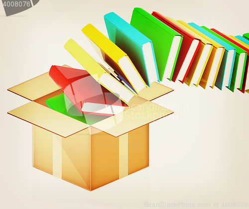 Image of colorful real books in cardboard box. 3D illustration. Vintage s