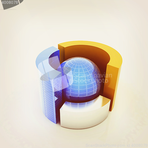 Image of 3D circular diagram and sphere. 3D illustration. Vintage style.