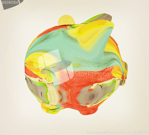 Image of Piggy bank of colorful strokes. 3D illustration. Vintage style.