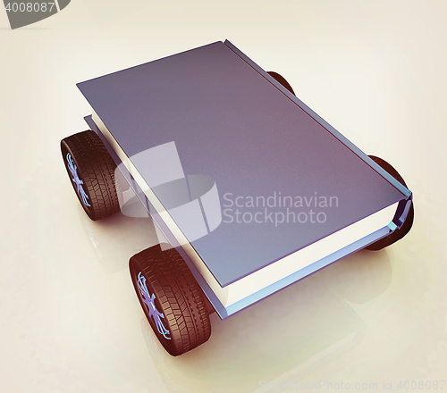 Image of On race cars in the world of knowledge concept. 3D illustration.