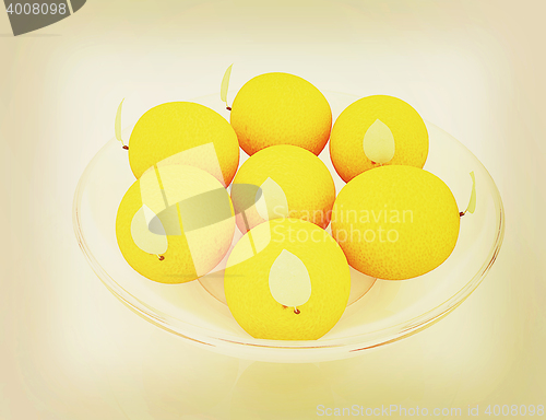 Image of Oranges with leaves . 3D illustration. Vintage style.