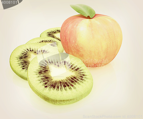 Image of slices of kiwi and apple. 3D illustration. Vintage style.