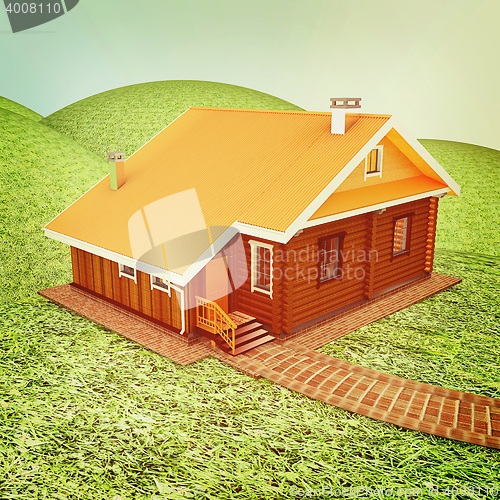 Image of Wooden house. 3D illustration. Vintage style.