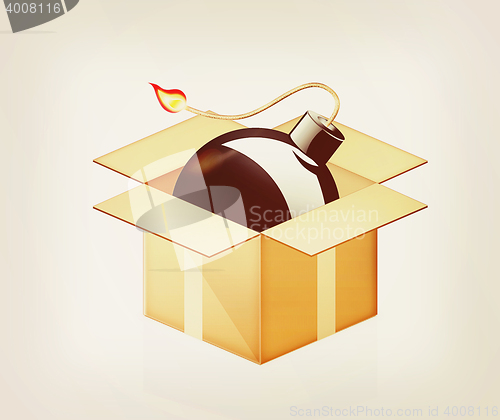 Image of black bomb burning in cardboard box. 3D illustration. Vintage st