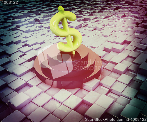 Image of icon dollar sign on podium against abstract urban background. 3D