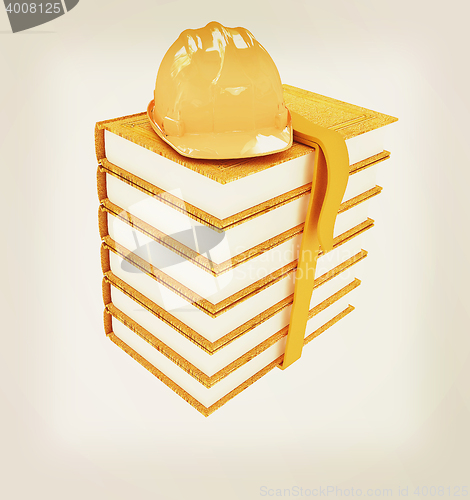 Image of Stack of leather technical book with belt and hard hat. 3D illus