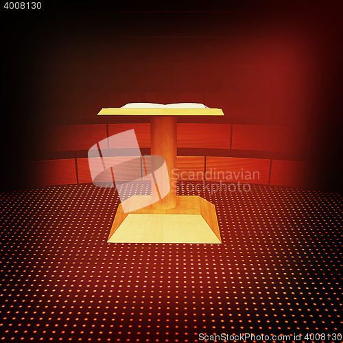 Image of 3d render of podium with an open book . 3D illustration. Vintage