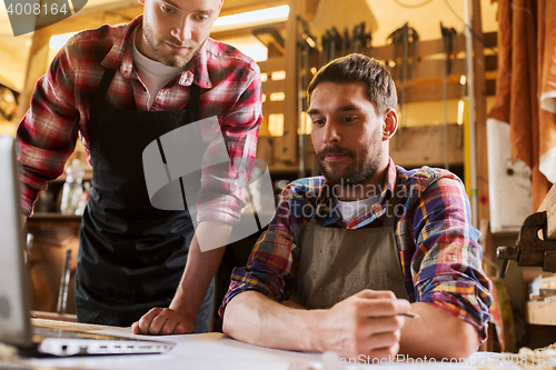 Image of carpenters with laptop and blueprint at workshop