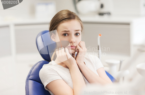 Image of scared and terrified patient girl at dental clinic