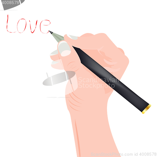 Image of Human hand writes word on white
