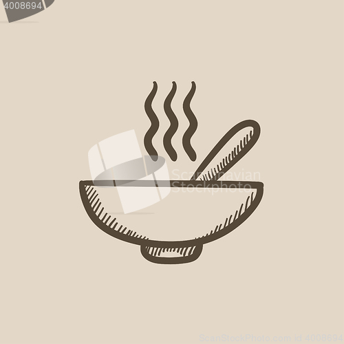 Image of Bowl of hot soup with spoon sketch icon.