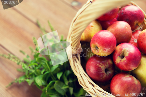 Image of close up of basket with apples and herbs on table