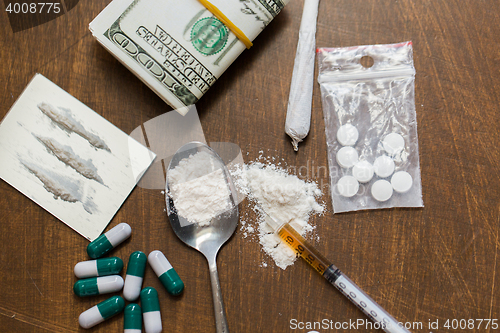 Image of close up of drugs, money, spoon and syringe