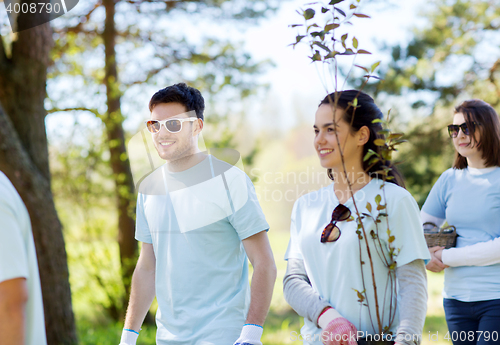 Image of group of volunteers with trees and rake in park