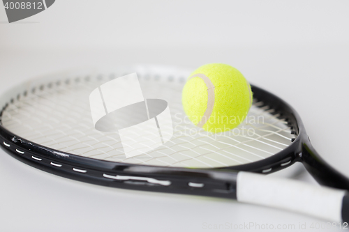 Image of close up of tennis racket with ball