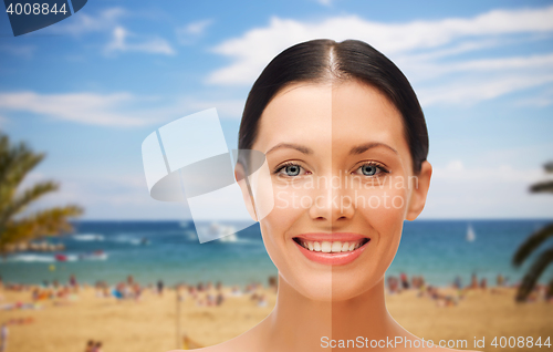 Image of close up of beautiful woman with half face tanned