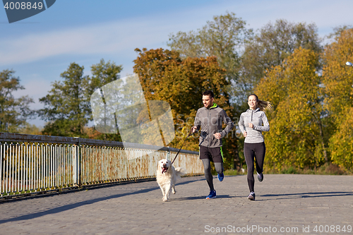 Image of happy couple with dog running outdoors