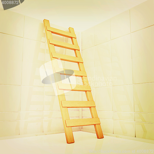 Image of White reflective wall and stairs . 3D illustration. Vintage styl