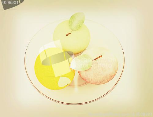 Image of Citrus and apple on a plate. 3D illustration. Vintage style.