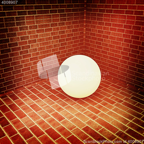 Image of The white plastic ball in the corner of a brick . 3D illustratio