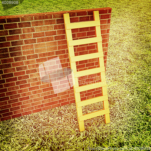 Image of Ladder leans on brick wall . 3D illustration. Vintage style.