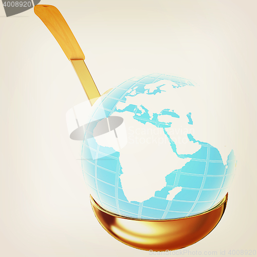 Image of Blue earth on gold soup ladle . 3D illustration. Vintage style.