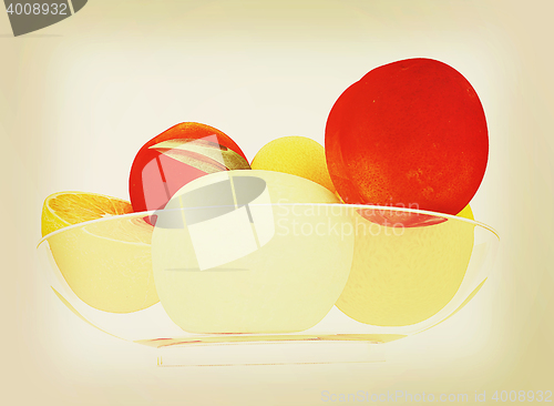 Image of Citrus and apple on a plate. 3D illustration. Vintage style.