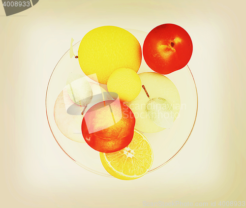 Image of Citrus and apple on a plate. 3D illustration. Vintage style.