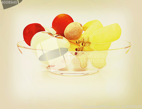 Image of Citrus and apple on a plate. 3D illustration. Vintage style.