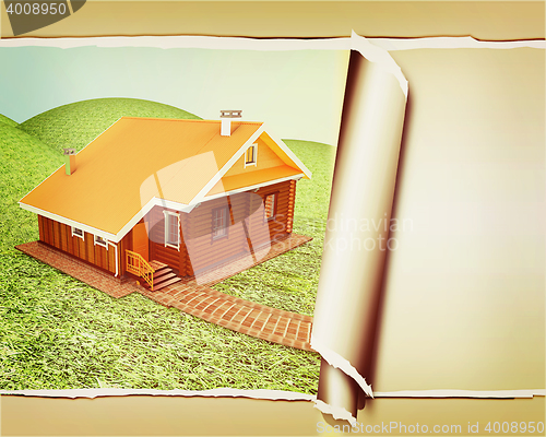 Image of background of wooden travel house or a hotel, with torn paper . 