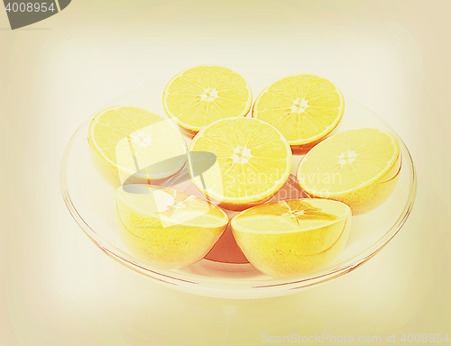 Image of half oranges on a plate. 3D illustration. Vintage style.