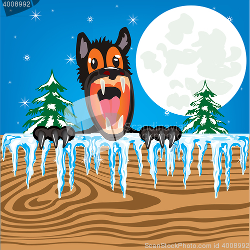 Image of Gray wolf moon in the night and wooden board