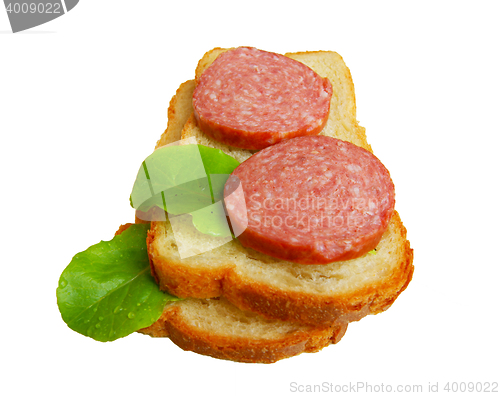 Image of Bread and sausage on white